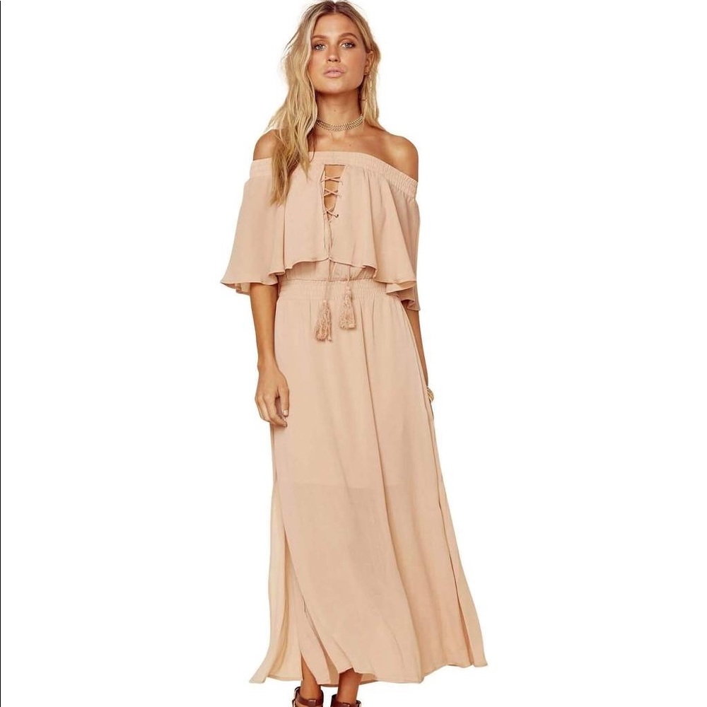 Flowy Bohemian Vibes - Nude Off-the-Shoulder Midi Dress - Spring/Summer